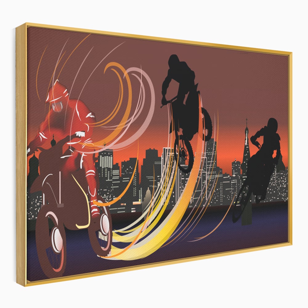 Tablou canvas cu ilustratie cu motociclisti si oras, in rama de aluminiu auriu